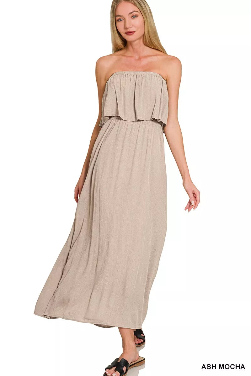Zenana woven crinkle strapless maxi dress in ash mocha front view