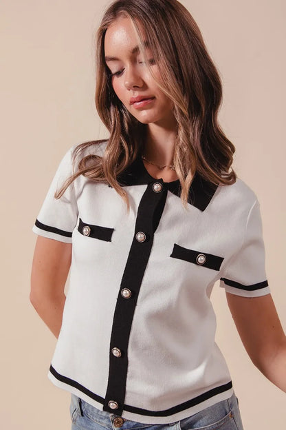 SO ME Button Down Knitted Sweater Shirt Top - Fashorio