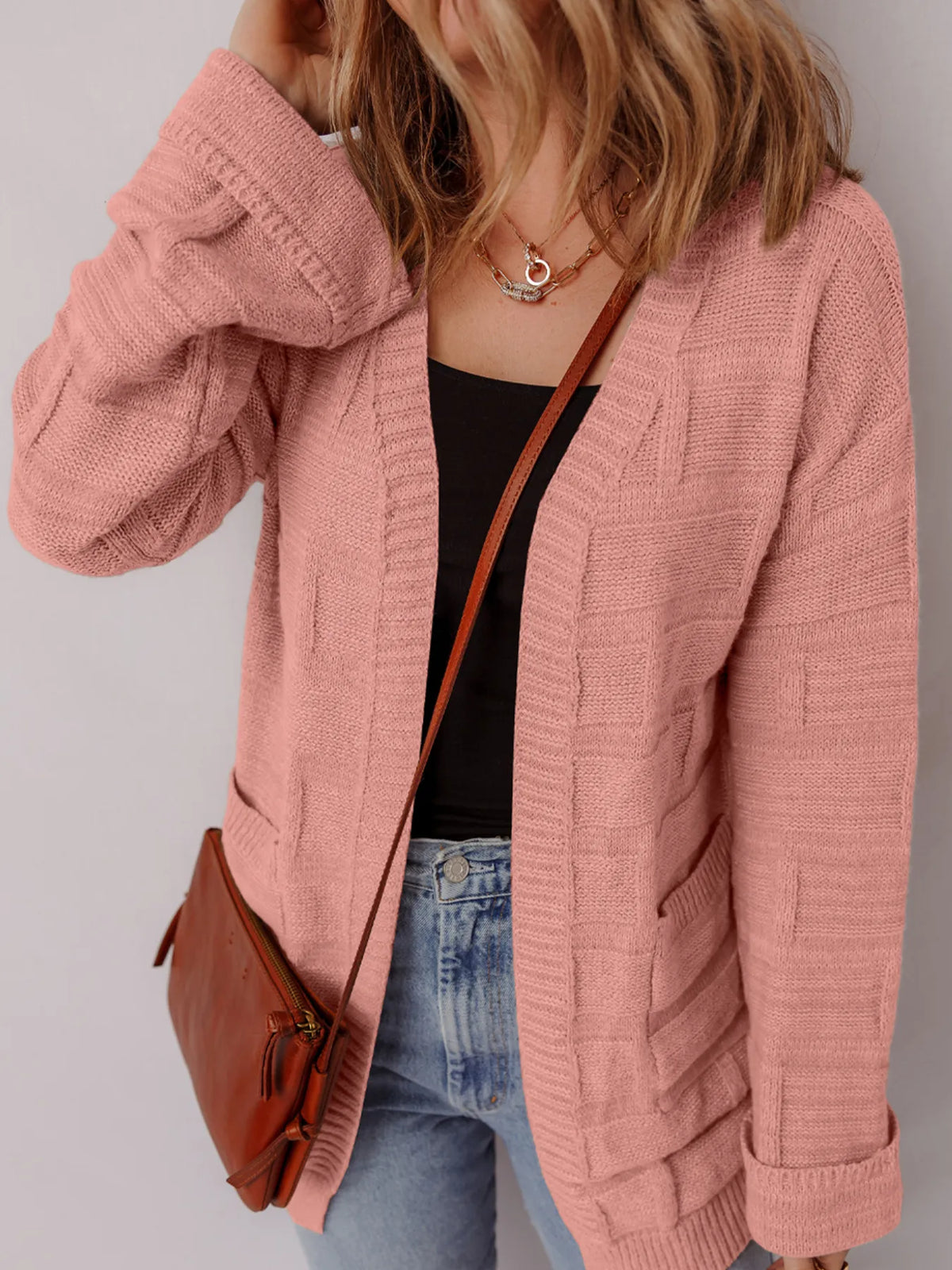 textured knit open front cardigan with pockets side view