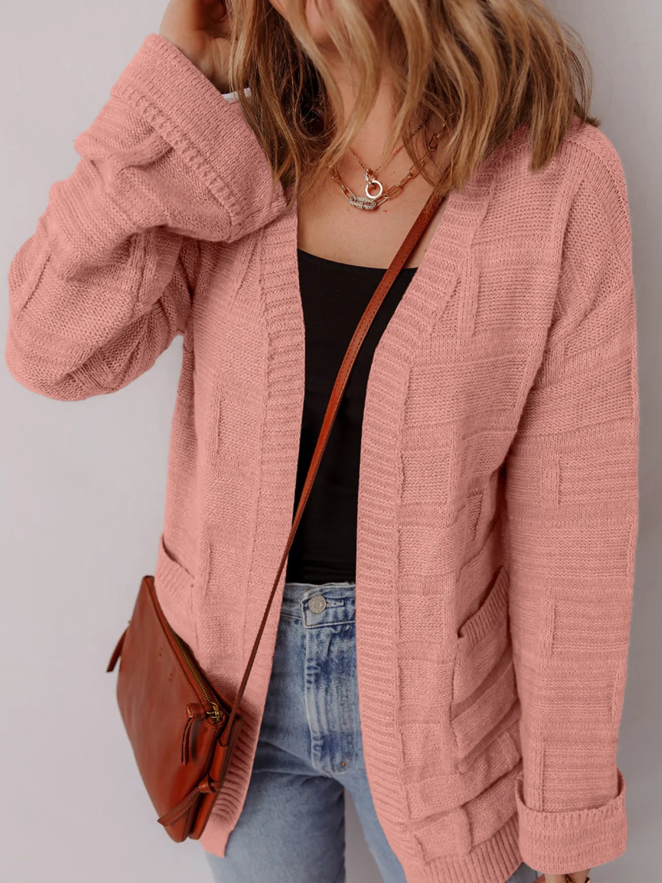 Textured Knit Open Front Cardigan with Pockets - Fashorio