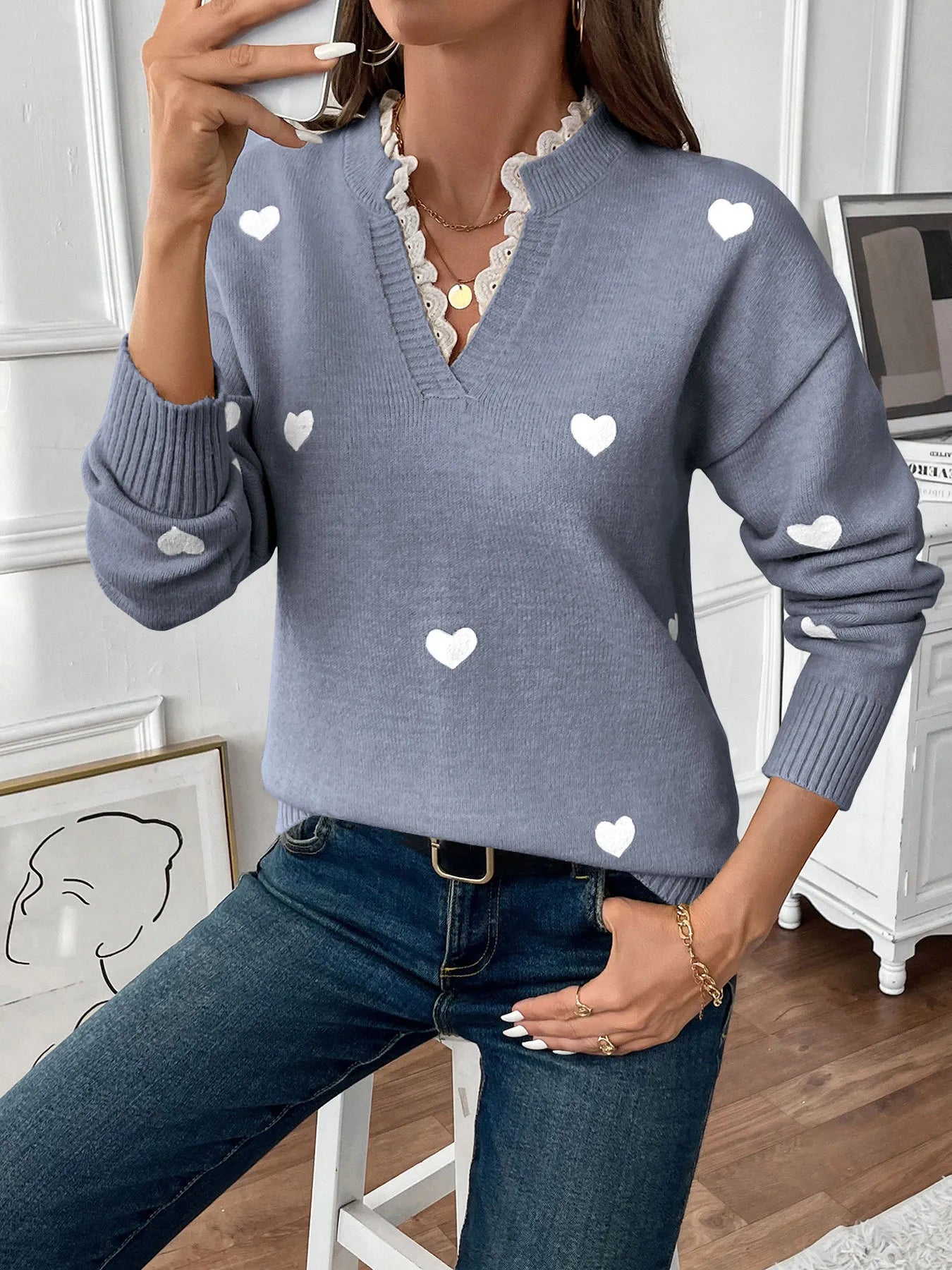 Heart V-Neck Long Sleeve Sweater - Fashorio