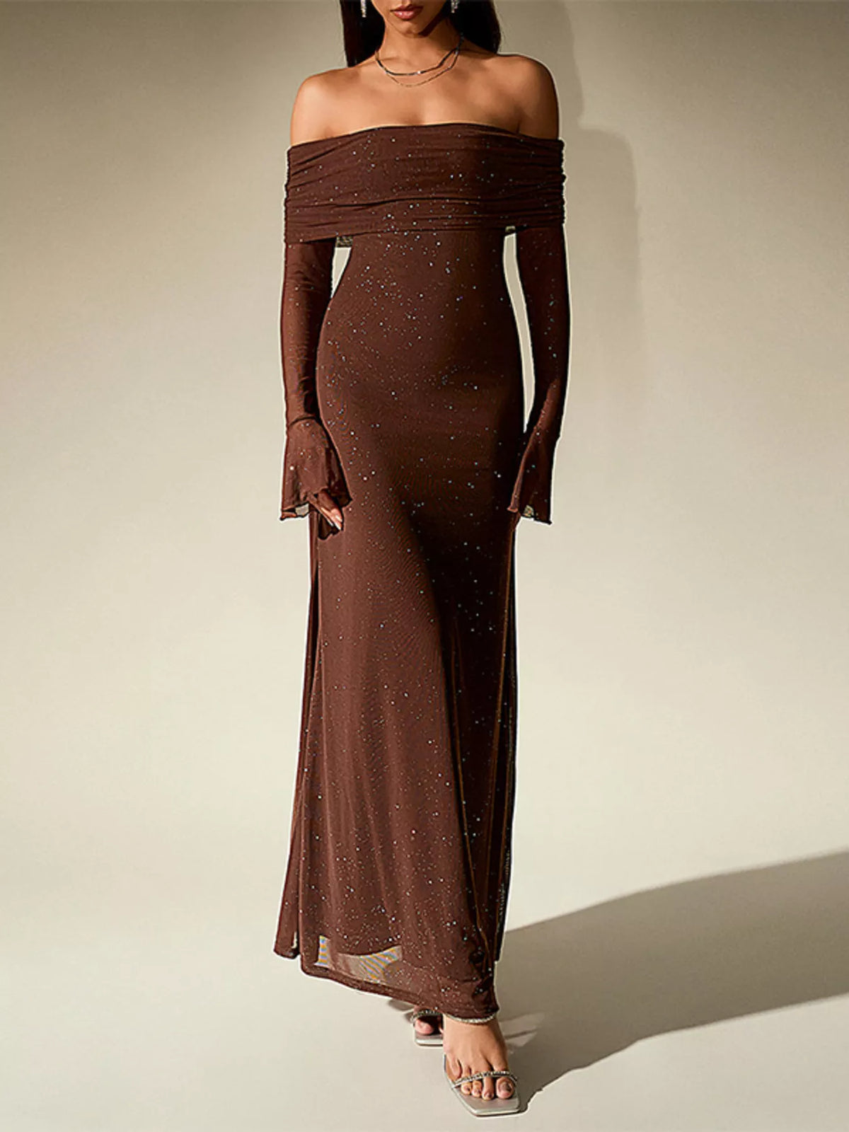 glitter off shoulder maxi dress fabric and texture detail