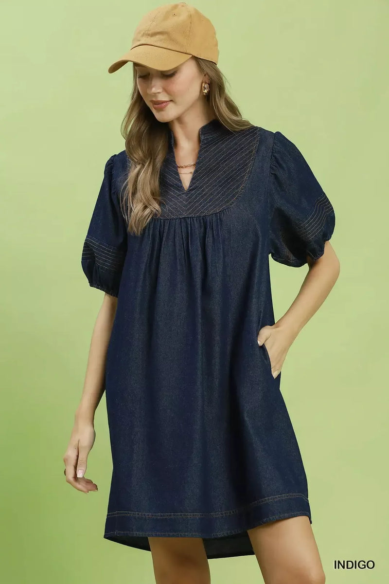 Umgee indigo chambray puff sleeve mini dress, front view