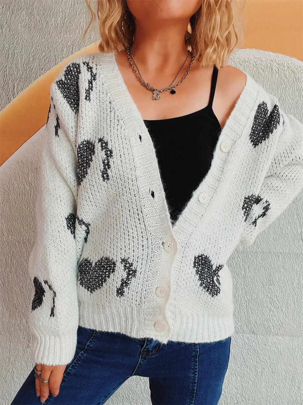 Heart Button Up Long Sleeve Cardigan - Fashorio