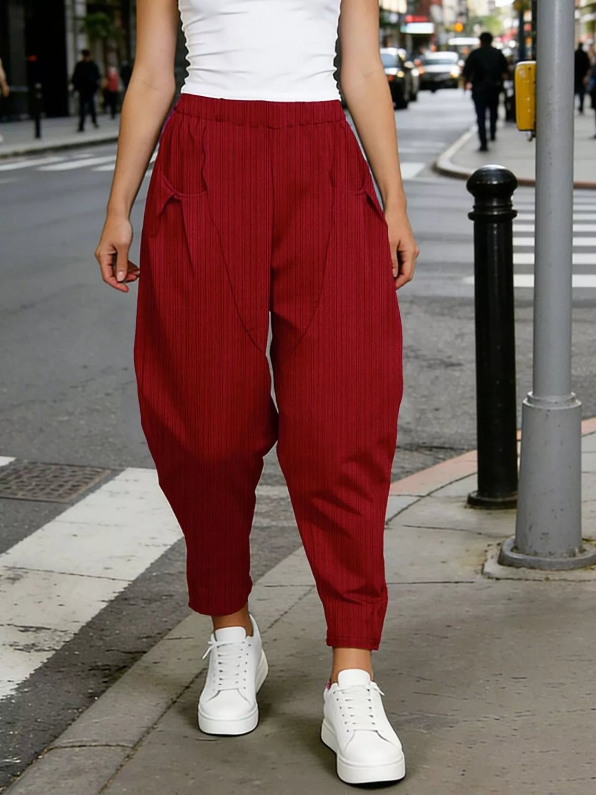 Plus size elastic waist harem pants, front view