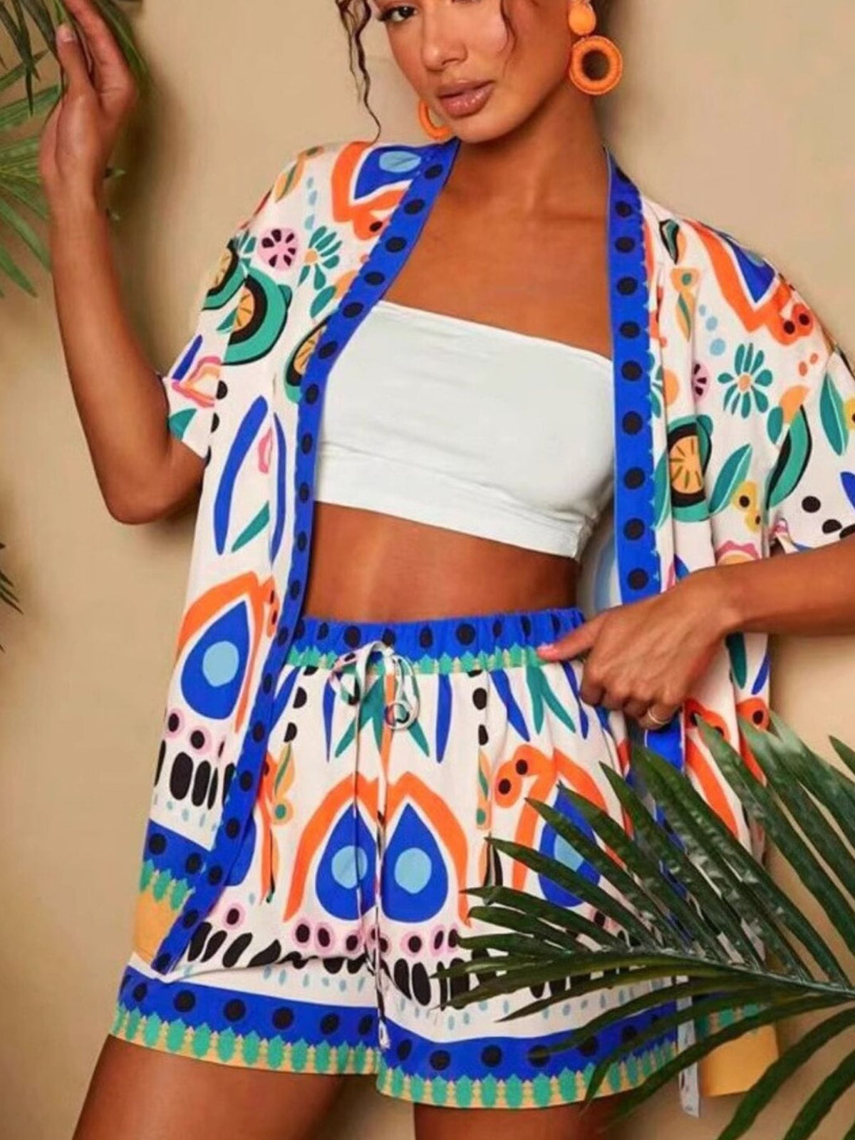 Printed Open Front Cardigan and Shorts Set, view 9