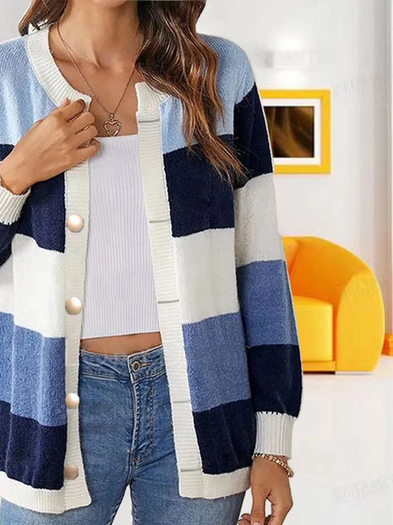 Color Block Button-Up Knit Cardigan Navy - Fashorio