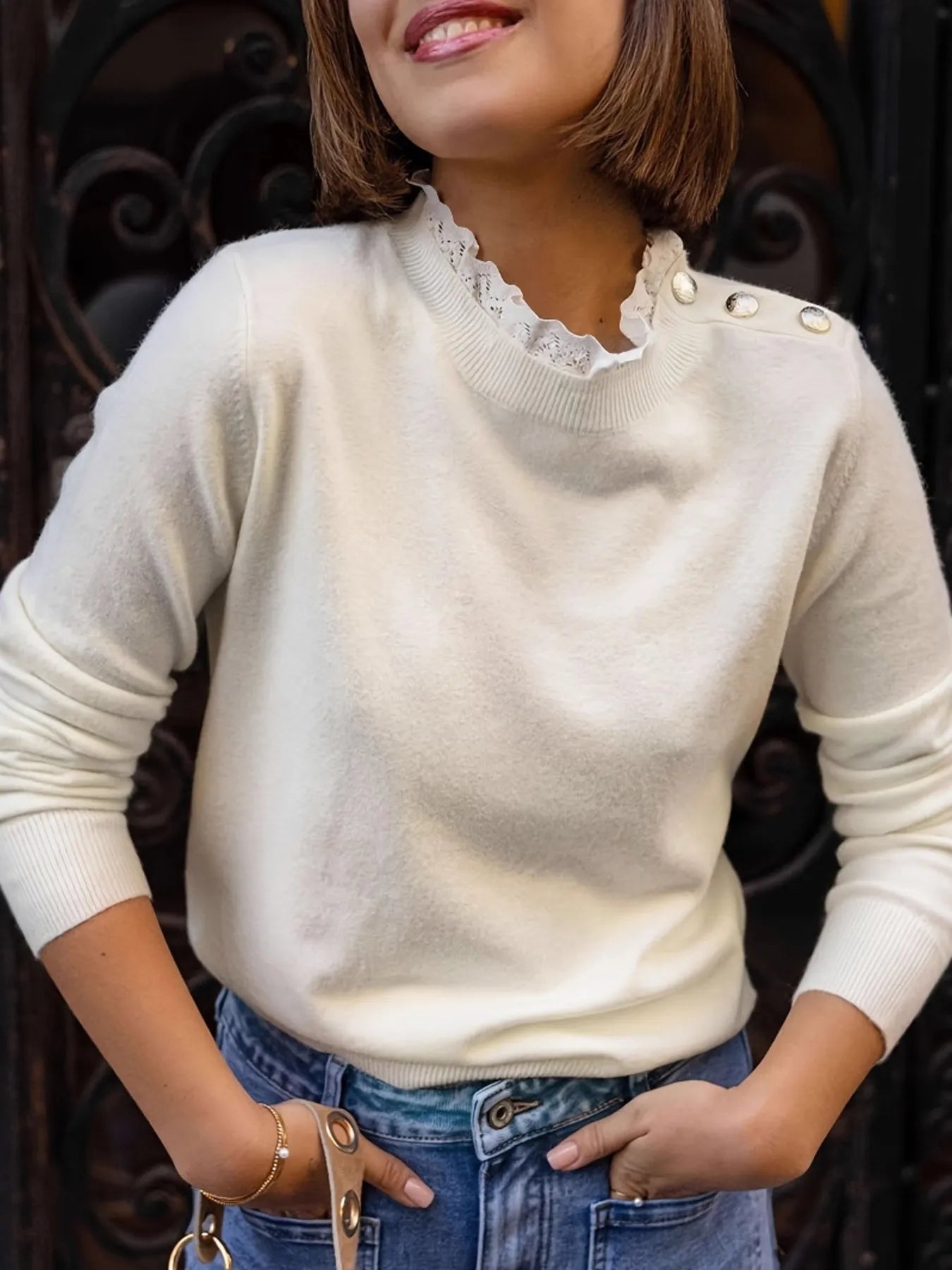 Ribbed Hem Mock Neck Long Sleeve Sweater Ivory - Fashorio
