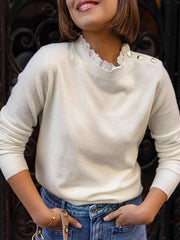 Ribbed Hem Mock Neck Long Sleeve Sweater Ivory - Fashorio