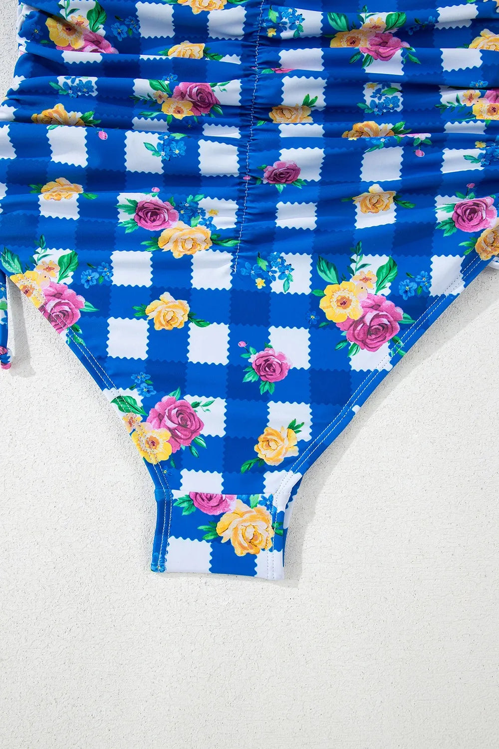 Floral Gingham Halter Neck Drawstring One Piece Swimwear - Fashorio