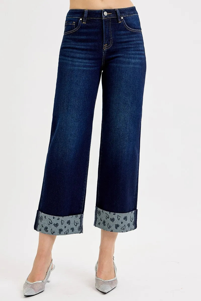 RISEN mid rise cropped wide leg printed cuff jeans front view in dark blue