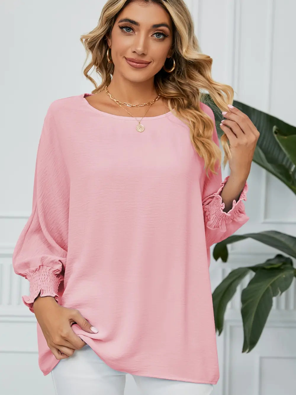 Smocked Lantern Sleeve Round Neck Blouse Blush Pink - Fashorio
