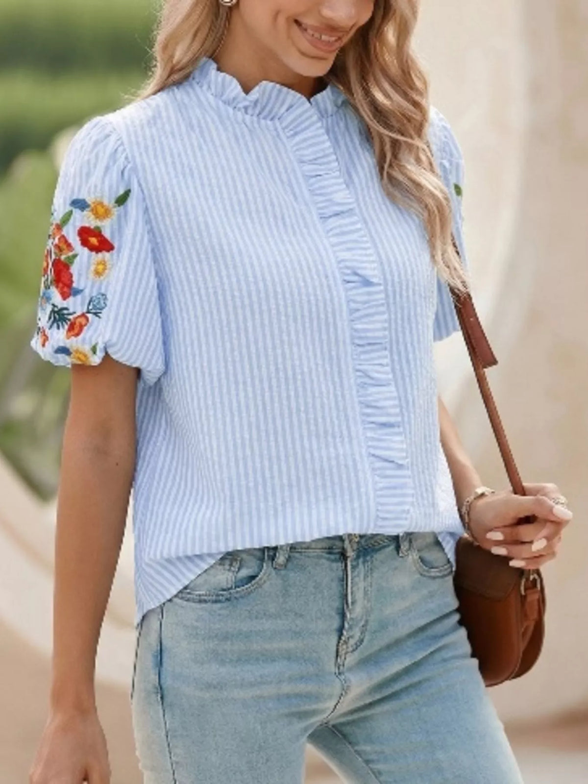Light blue striped floral embroidered puff sleeve shirt back view