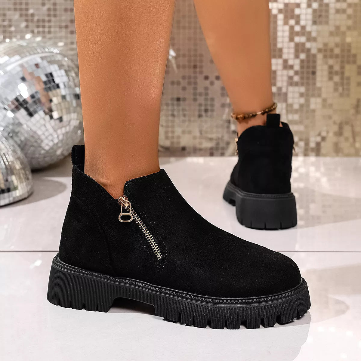 Round toe side zip ankle boots back view