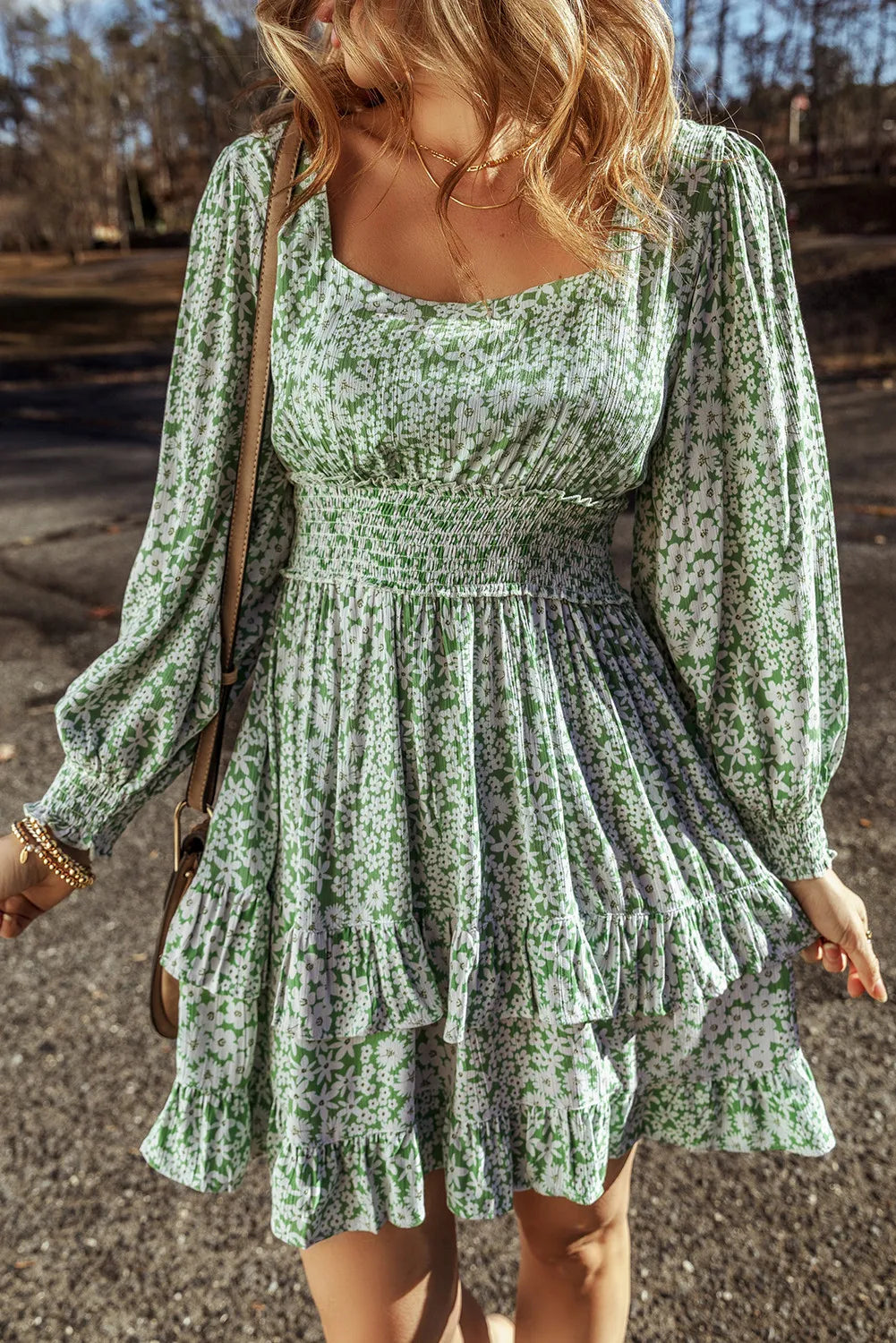 Floral square neck ruffle hem dress front view