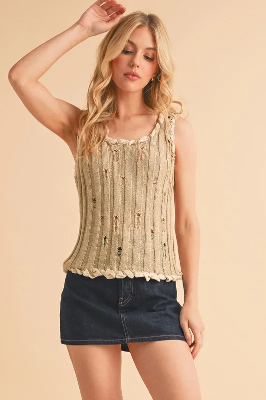 Distressed round neck knit tank in khaki front view