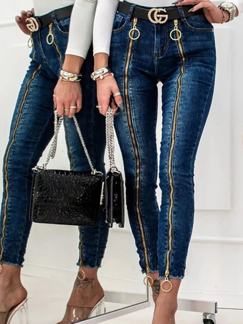 Zipper front skinny jeans front view
