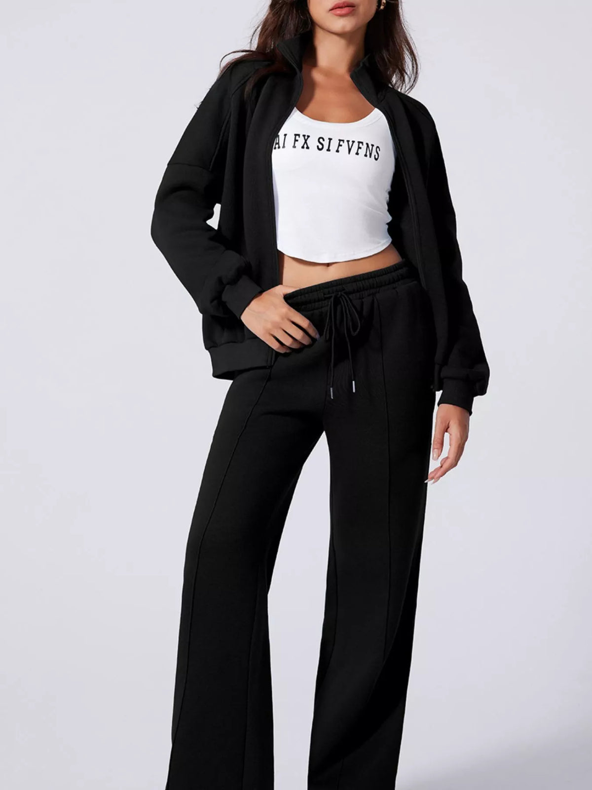 Drop Shoulder Zip Up Jacket and Drawstring Pants Active 2pcs Set view 14