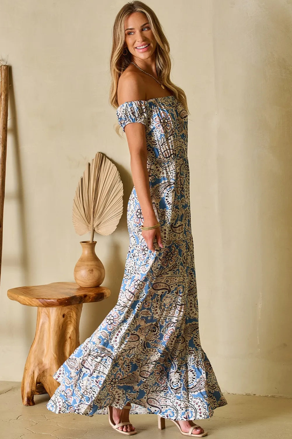 light blue printed off shoulder short sleeve maxi dress neckline detail