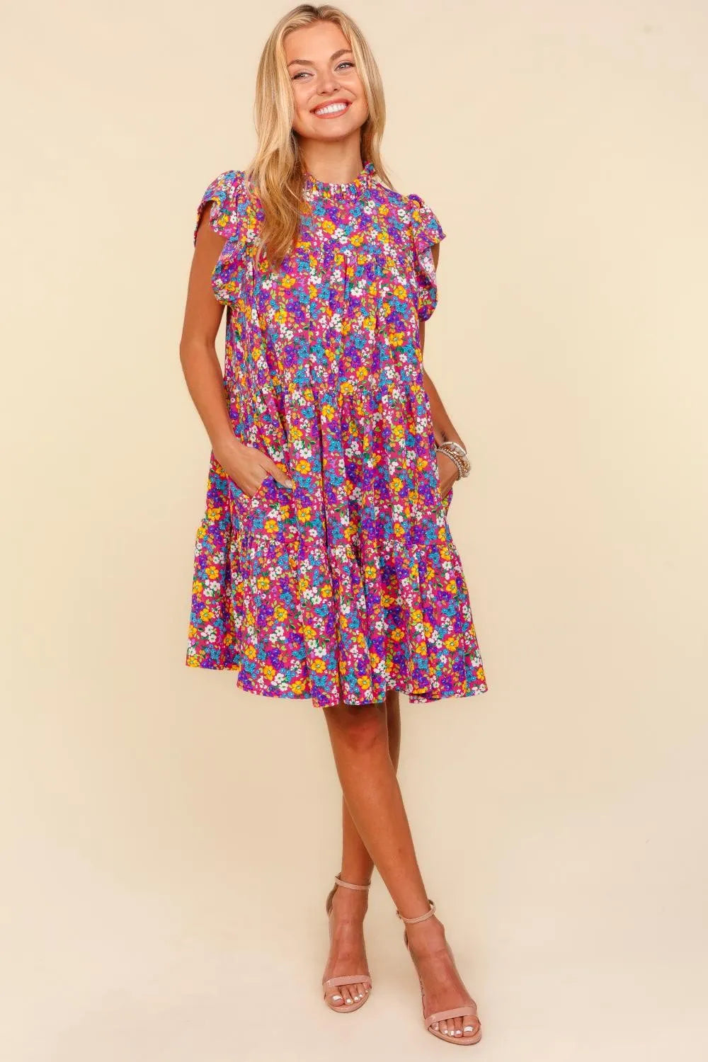 Frilled Mock Neck Ditsy Floral Dress detail