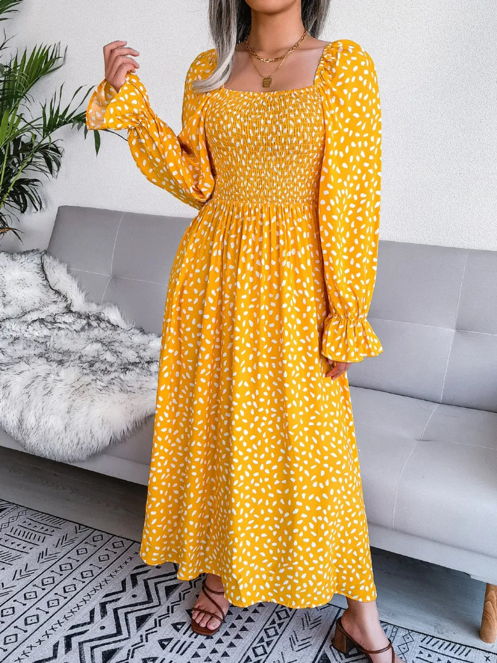 Smocked square neck flounce sleeve dress front view