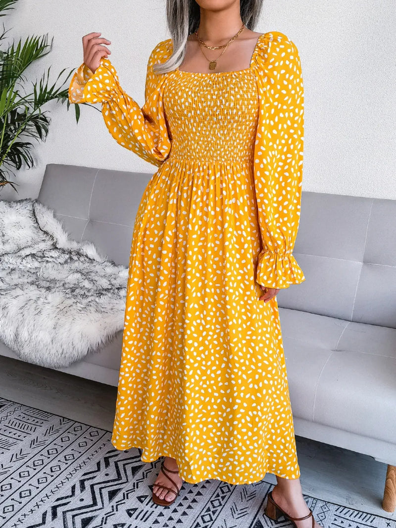 Smocked square neck flounce sleeve dress front view