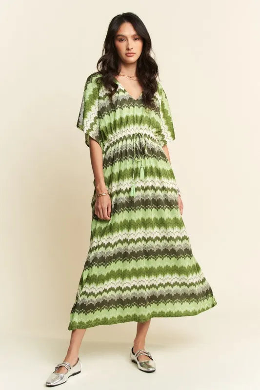 Wavy Print Tie Waist Flowy Dress in Sage side view