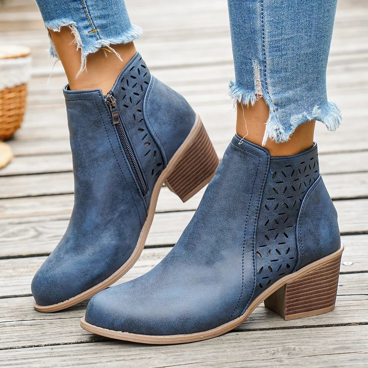 Round toe block heel boots, zipper detail