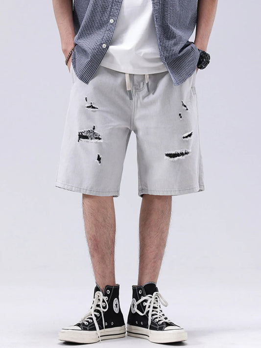 Men's Distressed Loose Fit Denim Shorts Milky White - Fashorio