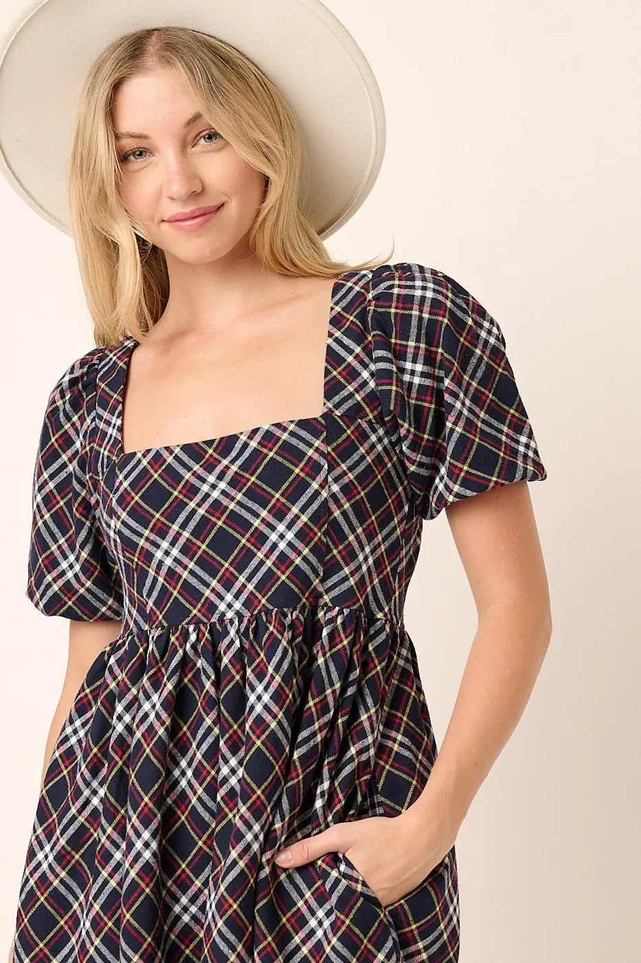 Checkered Print Puff Sleeve Babydoll Mini Dress detail