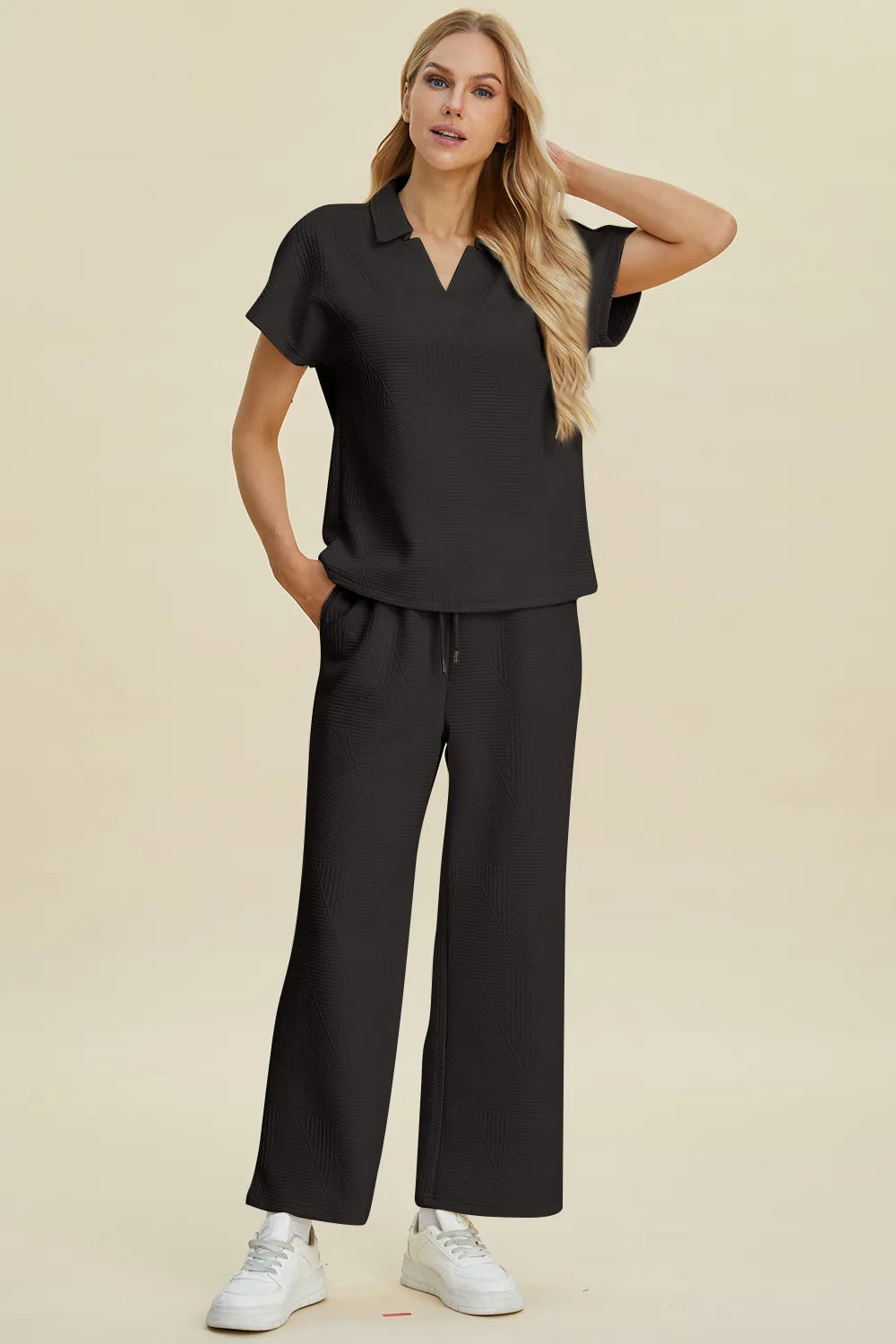 Double Take Full Size Collared Neck Short Sleeve Top and Pants Set - Fashorio