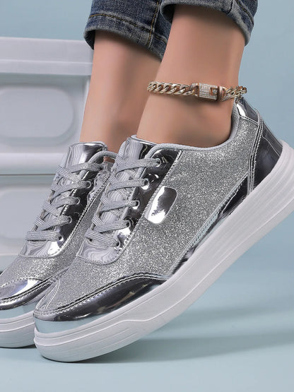 Glitter Metallic Platform Sneakers Black Silver - Fashorio