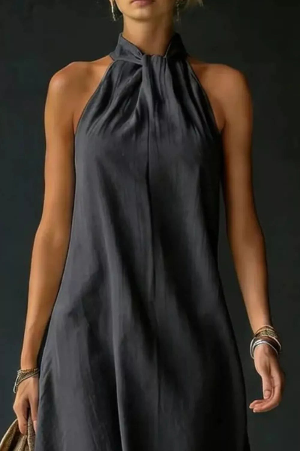 Halter neck sleeveless maxi dress with side slit back view styled