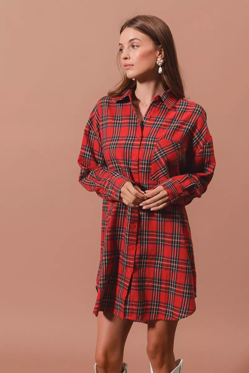 Checker Plaid Button Up Shirt Dress in Red view 8