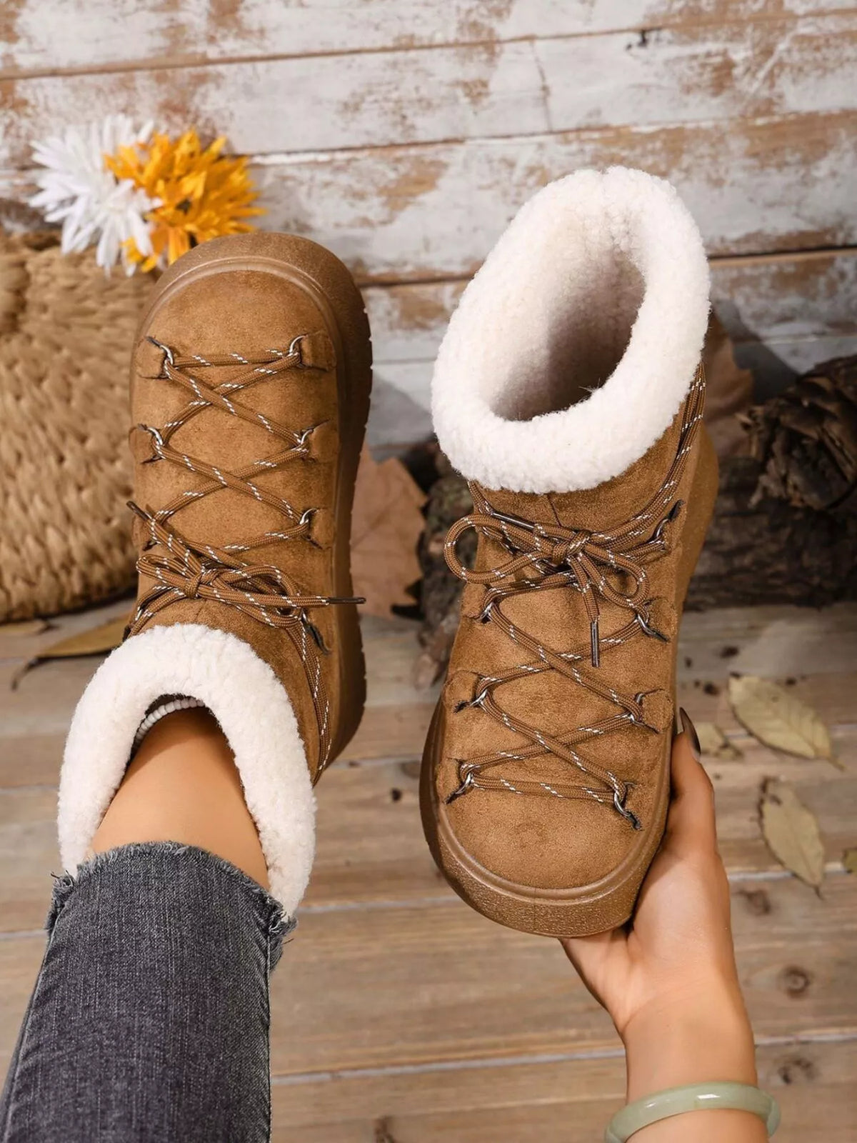 Round toe lace up platform boots upper close up