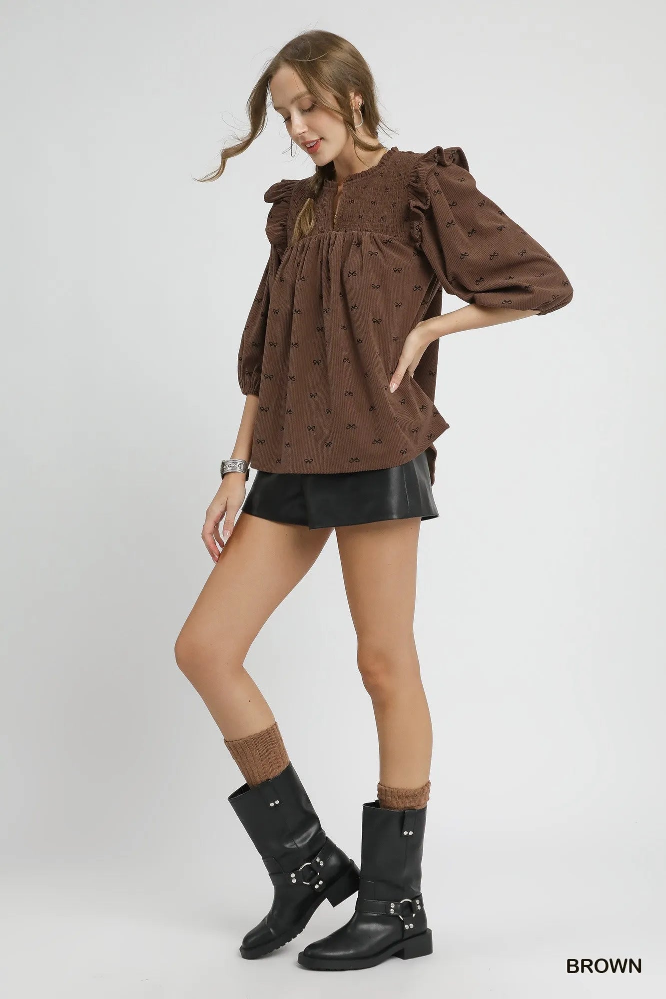 Umgee Bow Print Corduroy Puff Sleeve Blouse with Ruffled - Fashorio