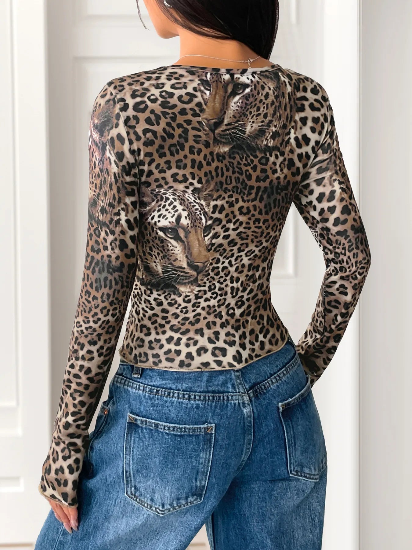 Leopard Print Long Sleeve Fitted T-Shirt - Fashorio