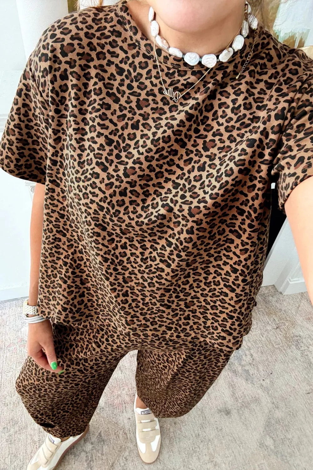 Leopard print two piece matching top and bottoms set