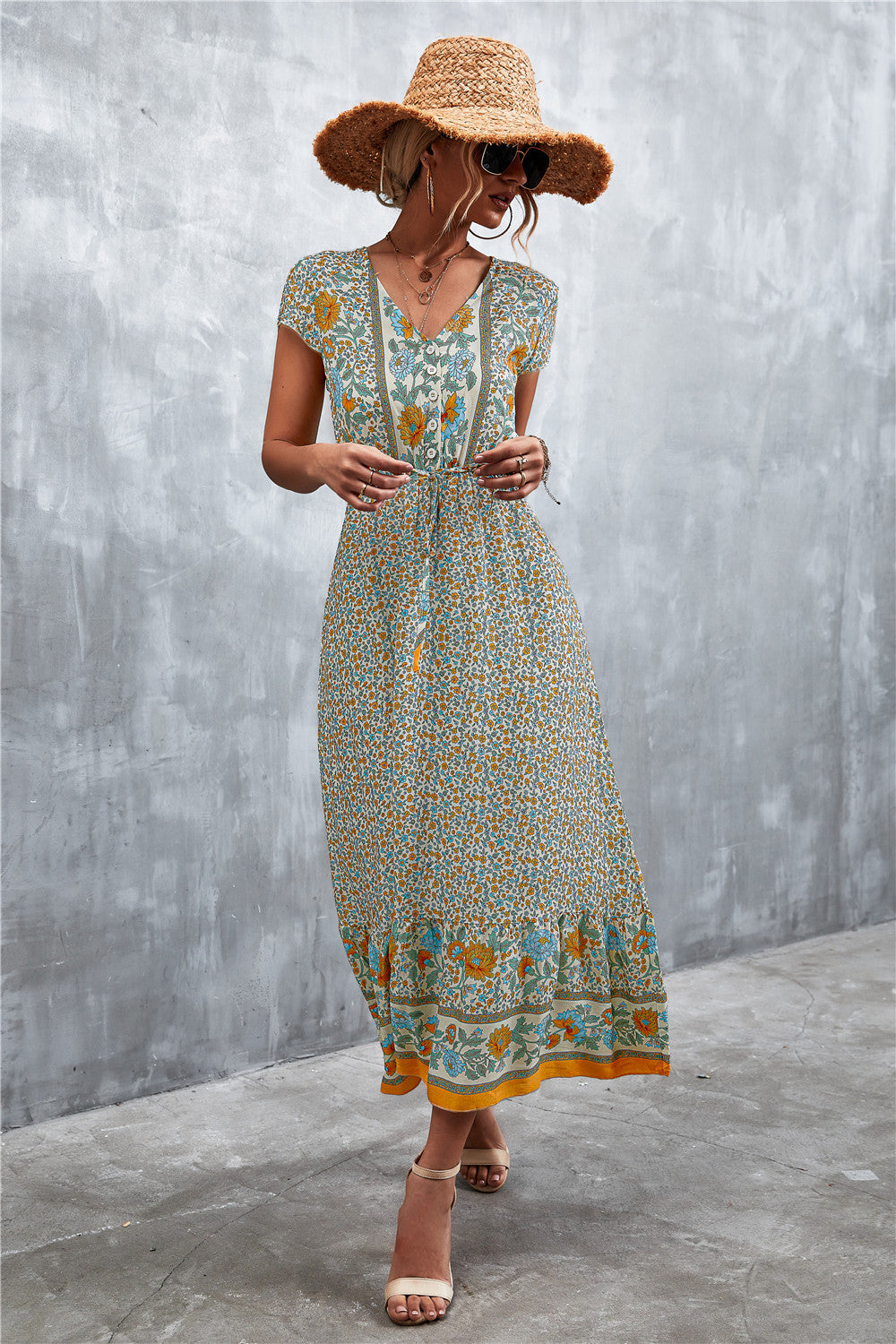 V-Neck Short Sleeve Printed Maxi Dress Beige - Fashorio