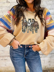 Sequined Western Horses Bubble Sleeve Sweatshirt Tan - Fashorio