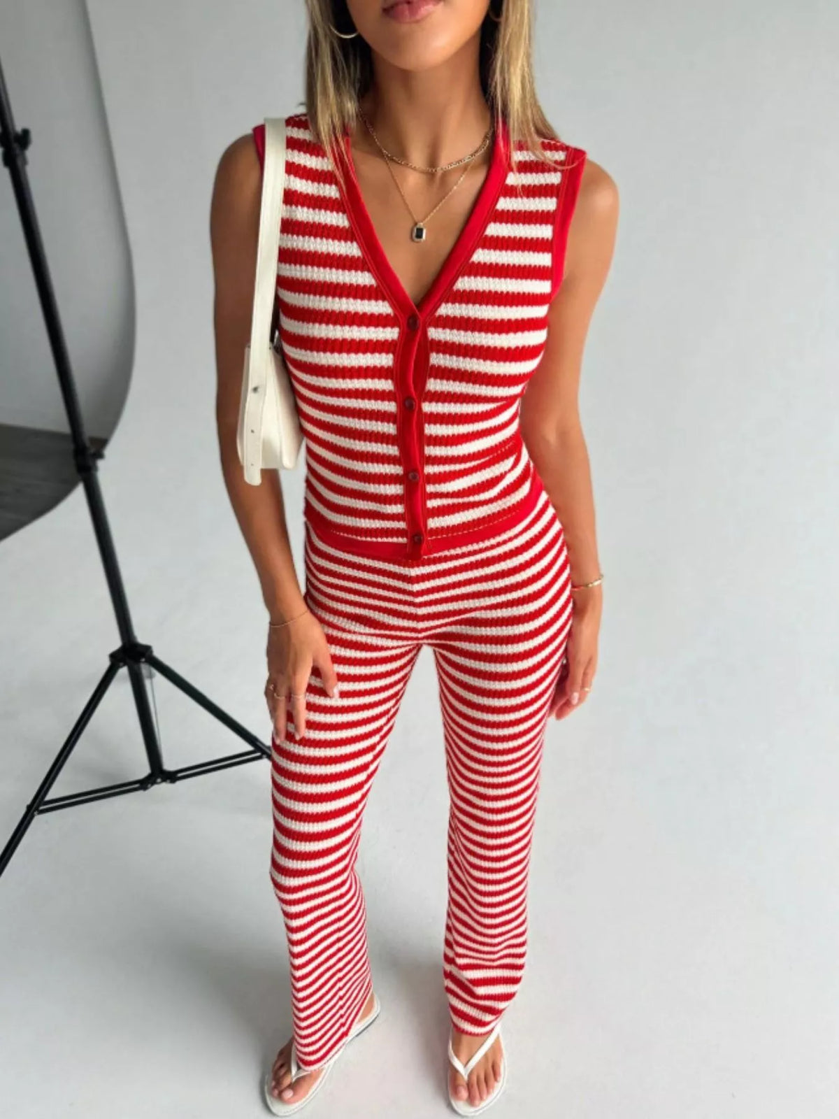 Striped Knit Sleeveless Top and Flare Pants Set, view 22