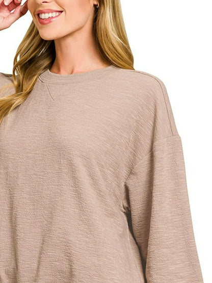 Zenana Slub Long Sleeve Top and Shorts Set - Fashorio