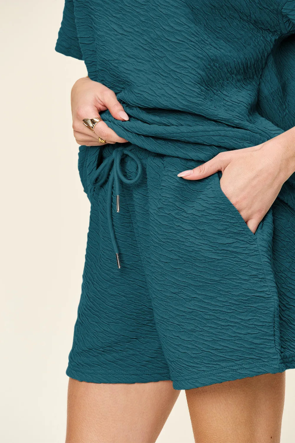 Double Take Full Size Texture Short Sleeve T-Shirt and Drawstring Shorts Set - Fashorio