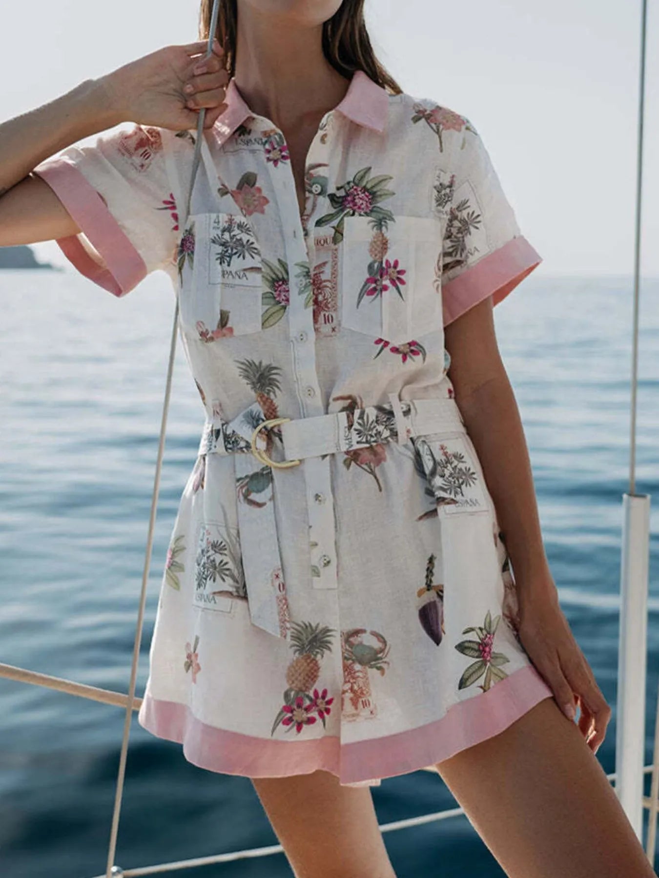 Printed Short Sleeve Romper with Belt - Fashorio