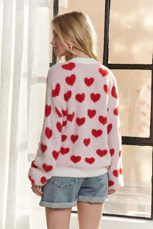 ADORA Fuzzy Heart Button Down Cardigan - Fashorio