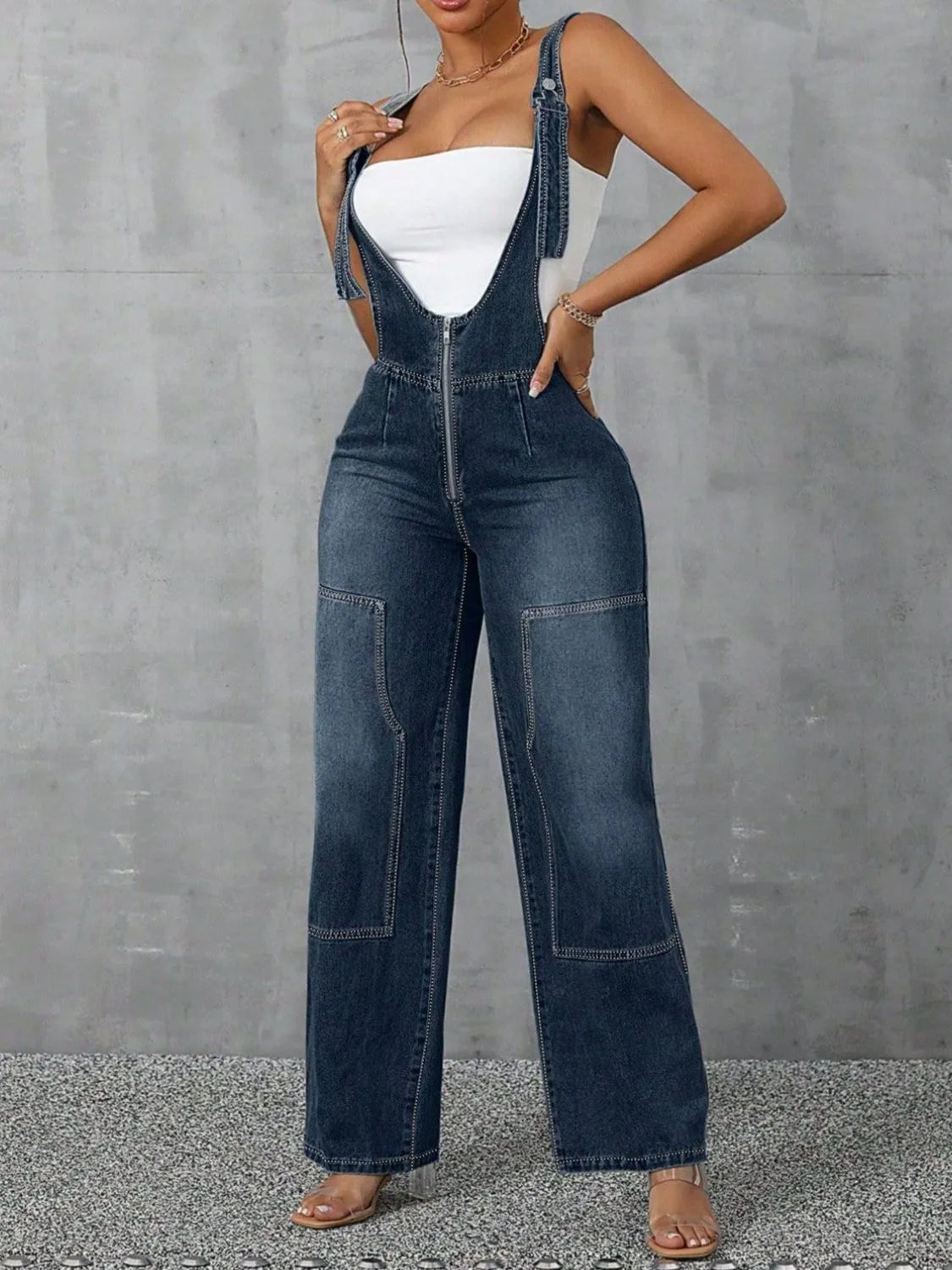 Zip Front Wide Strap Denim Overalls - Fashorio