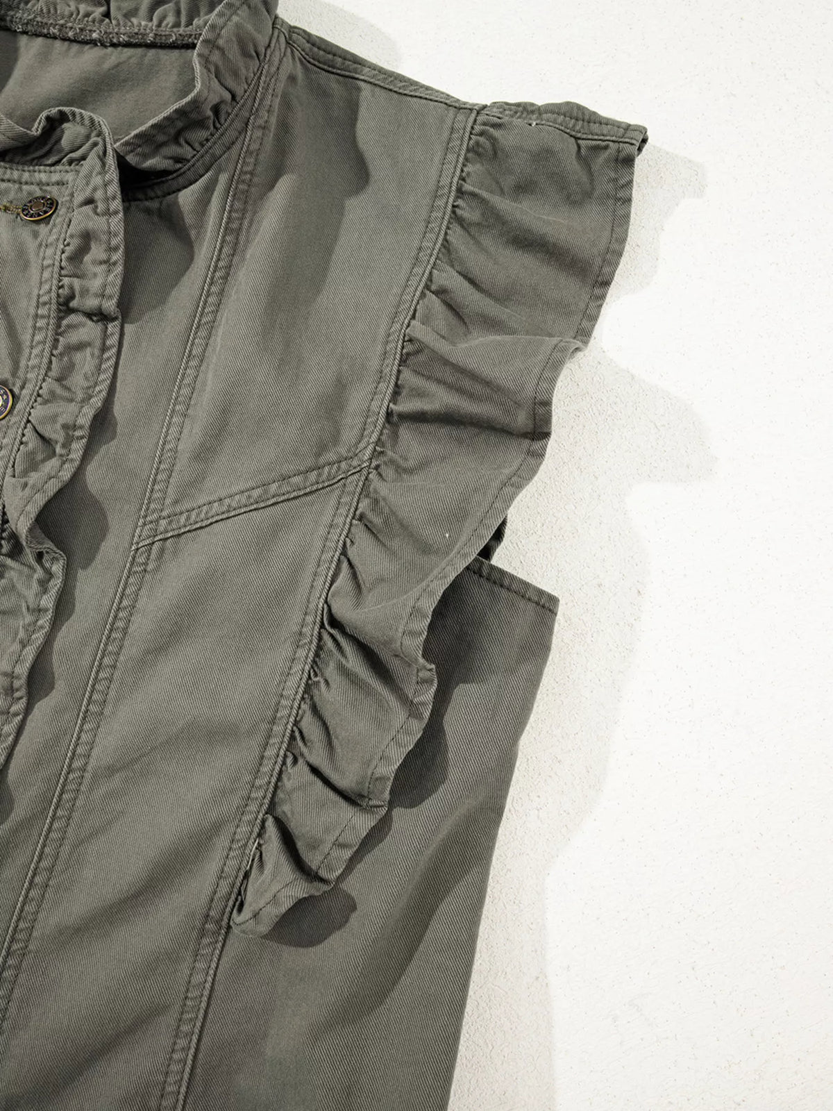 Ruffled Patchwork Denim Vest in Army Green view 12