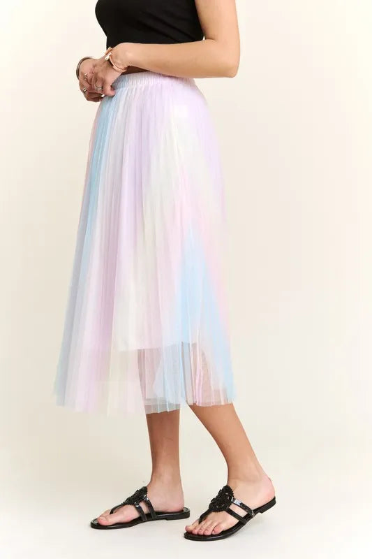 ADORA Unicorn Pleated Mesh Flare Midi Skirt - Fashorio