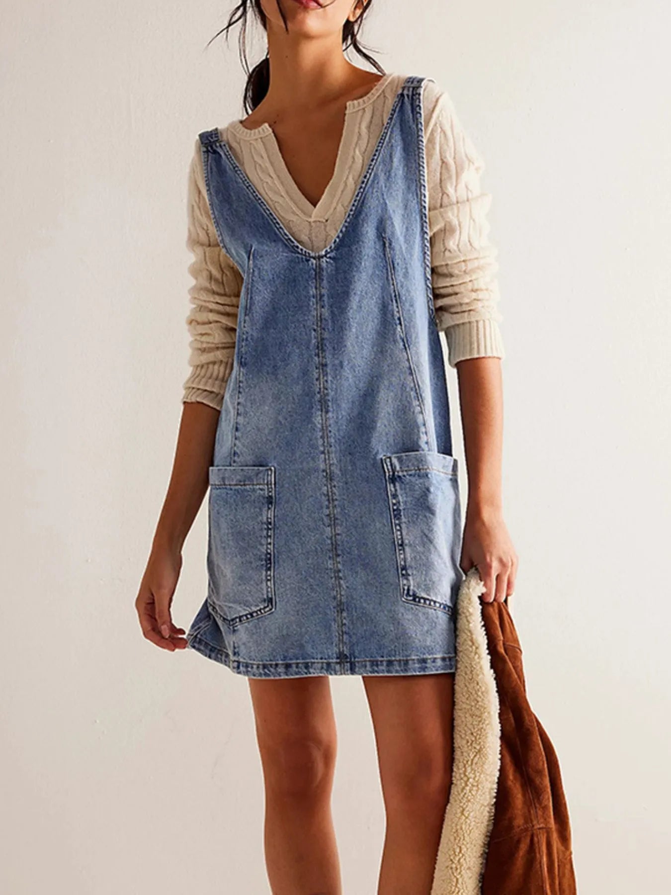 Oversized V-Neck Denim Tank Dress with Front Pockets Light Blue - Fashorio