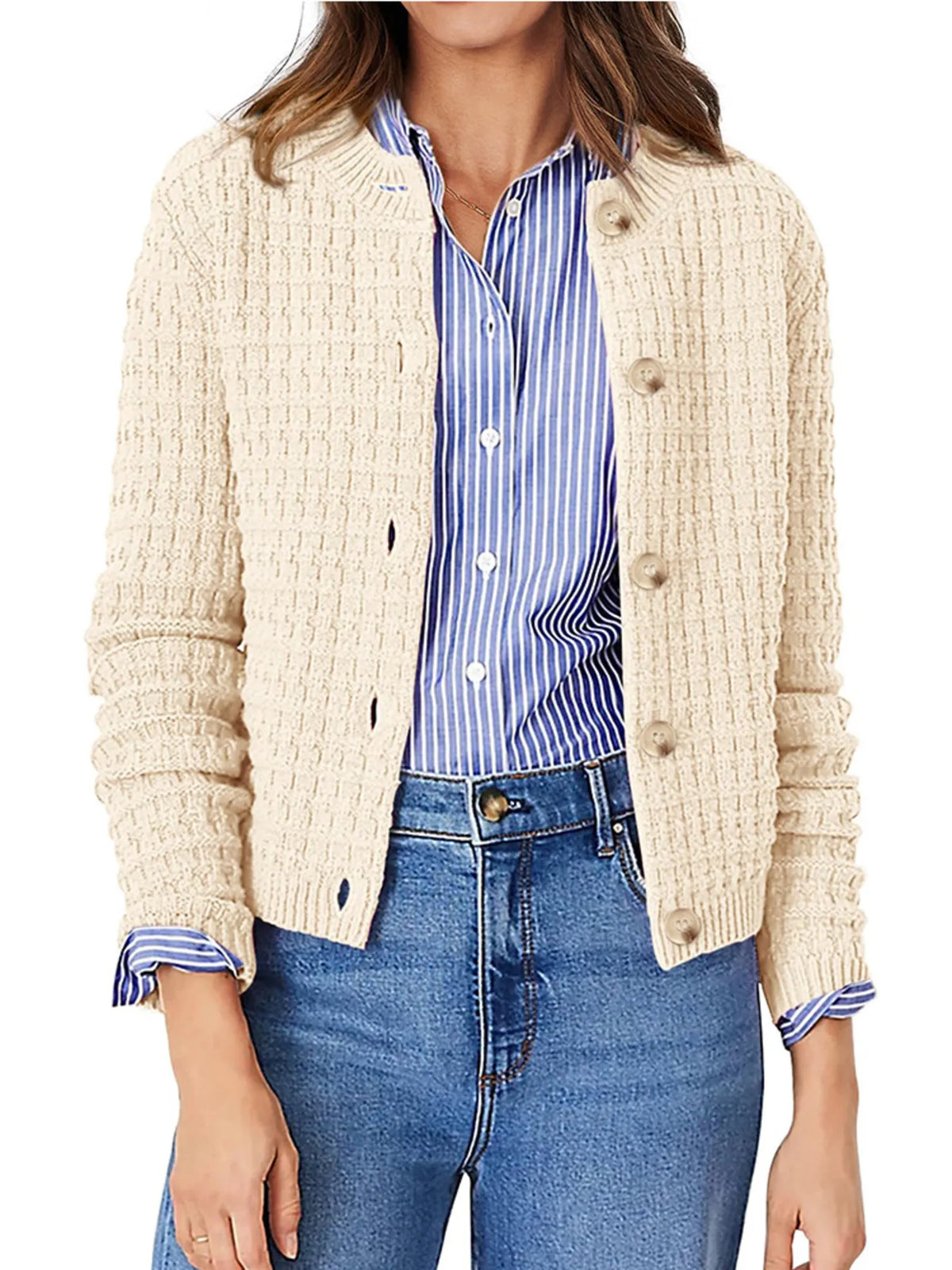 Textured knit button front cardigan, neckline detail